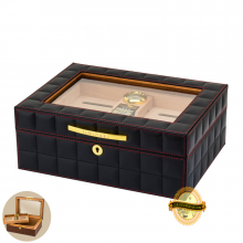 LUBINSKI Elegant Glass Top Cigar Humidor - BLACK LEATHER 50ct