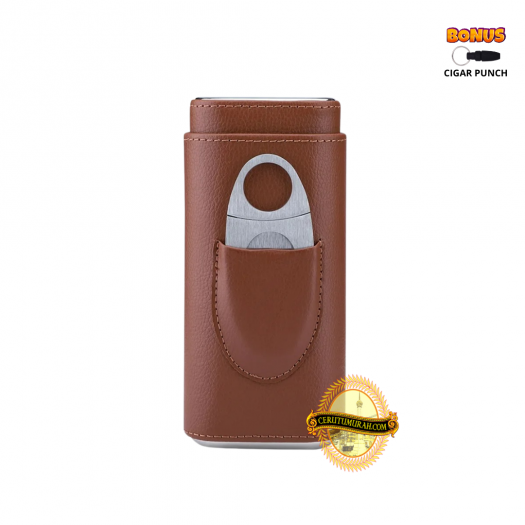 STANDARD 3 FINGER LEATHER CIGAR CASE WITH CIGAR CUTTER - BROWN